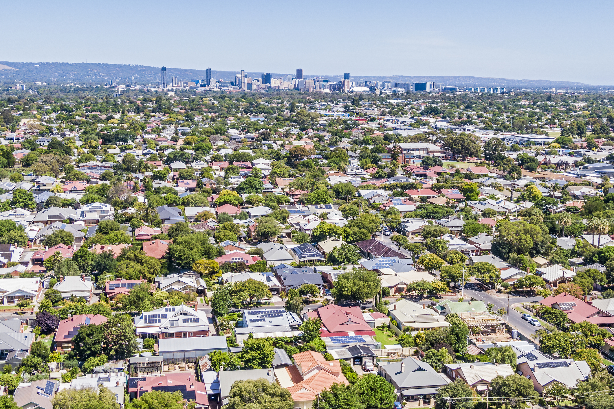 Aerial view City of Adelaide with inner northern suburbs in foreground