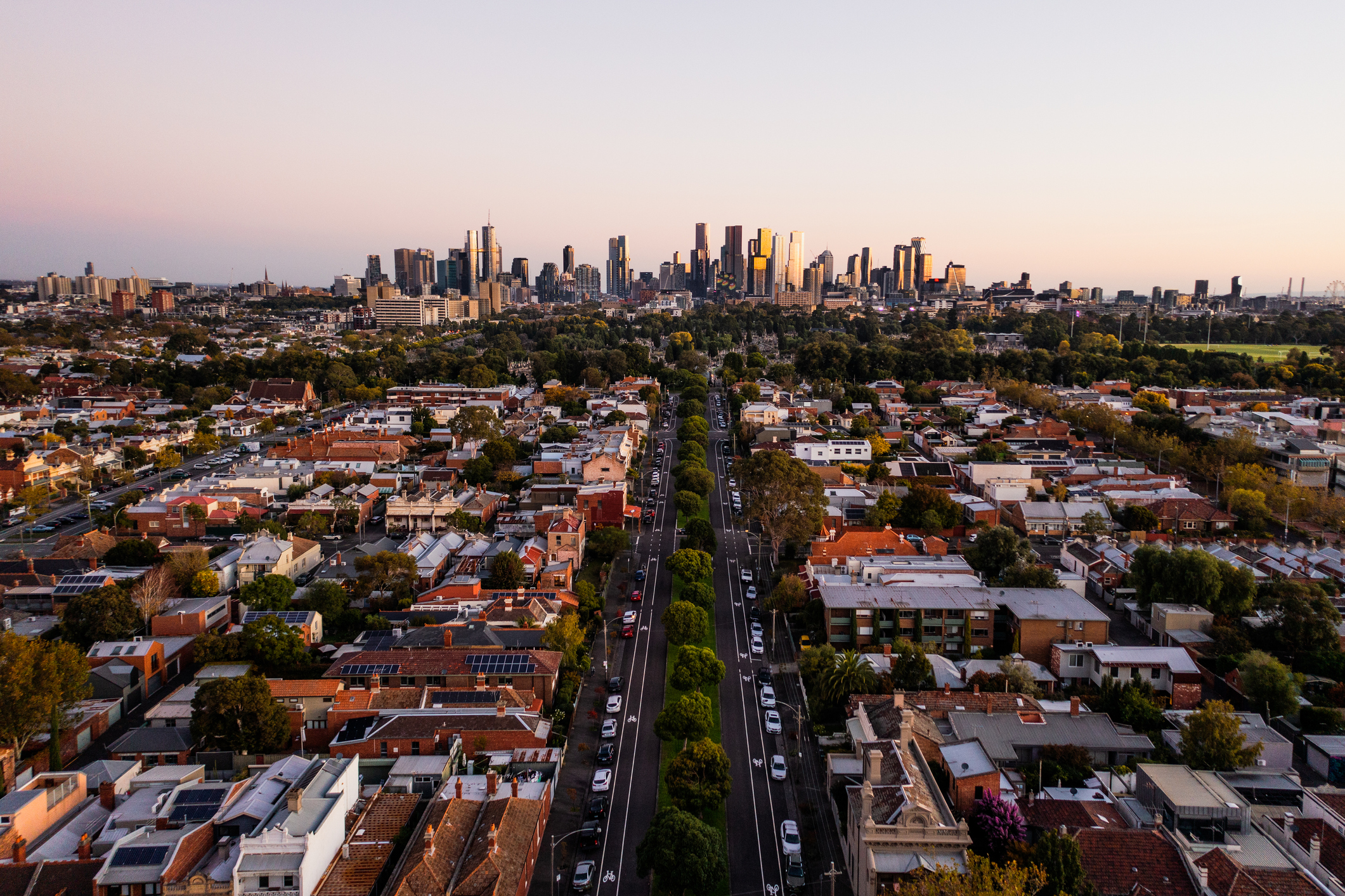 Aerial of suburban Melbourne and CBD