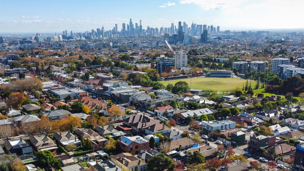 Aerial view of houses in Armadale, looking towards the Melbourne city skyline