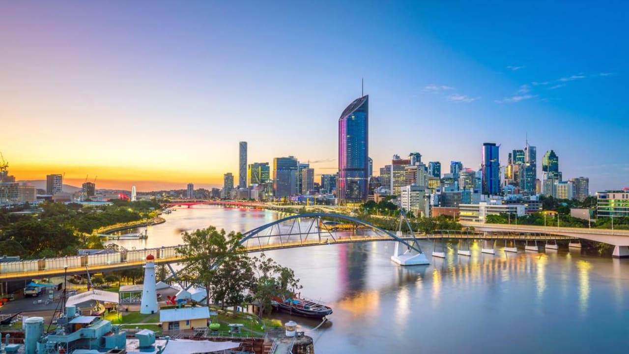 Brisbane municipality skyline and Brisbane river at twilight