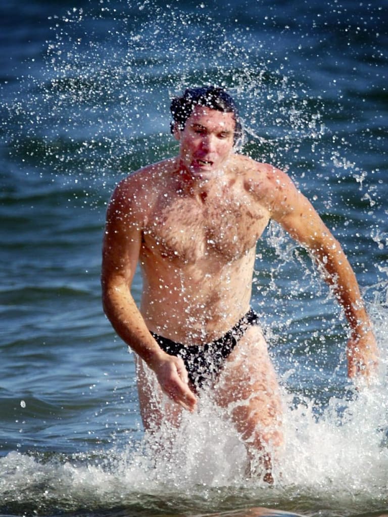 Richmond recovery at St Kilda this afternoon. Wayne Campbell makes his way out of the water.