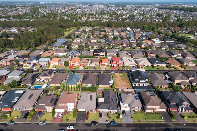 Aerial view of houses in outer suburban Sydney.